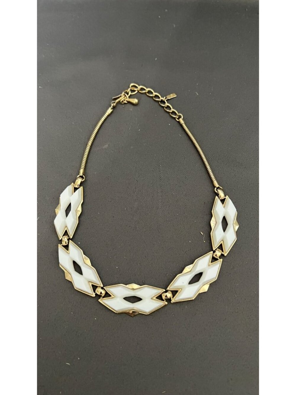 Gold Bib Necklace With White Chevron Panels By Monet